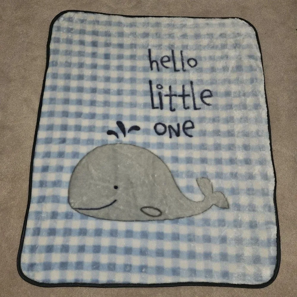HB Hudson Baby Blanket Blue White Plaid Gray Whale Hello Little One 30x36 SOFT